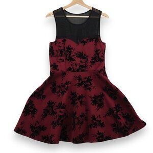 Trixxi Womens XL Burgundy Fit and Flare Dress Skater Coquette Floral Velvet NWT